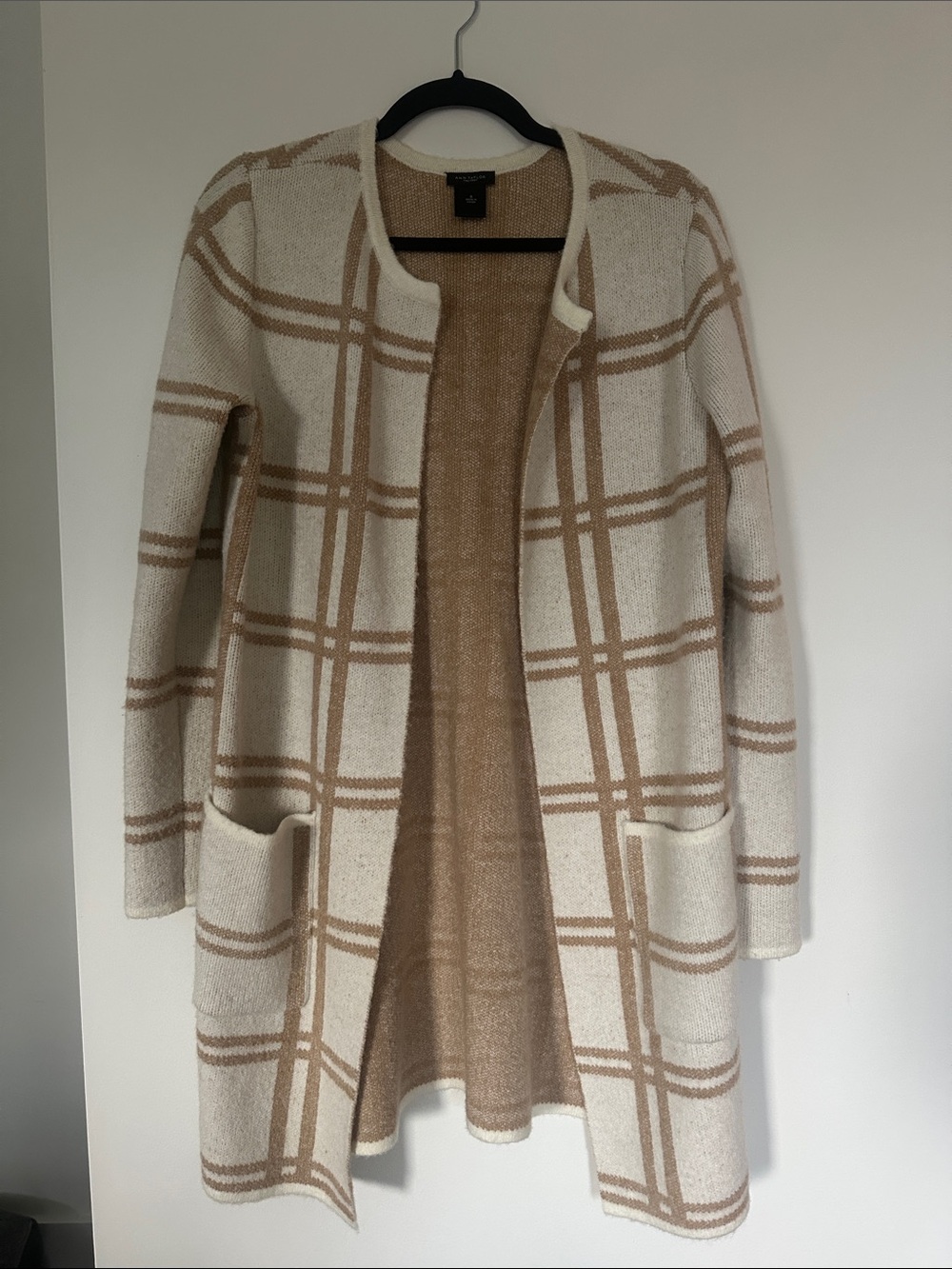 Ann Taylor Long Open-Front Cream and Tan Plaid Cardigan Sweater